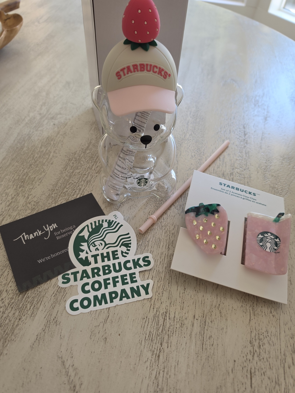 Starbucks Clear Bear Bottle with Pink Cap With Claw Clips